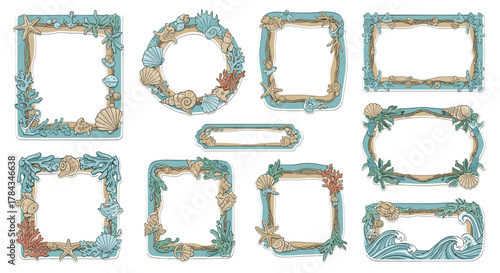 Collection of charming, hand-drawn, cut-out style frames and borders featuring a delightful marine theme with seashells, starfish, coral, and anchors, perfect for beach-themed invitations, greeting