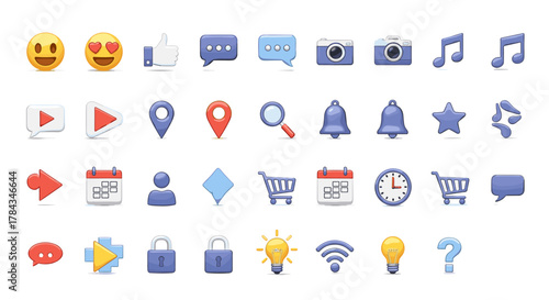 Set of 3D social media icons and emojis, including a happy face, heart eyes emoji, thumbs up, chat bubbles, cameras, music notes, play buttons, location pins, magnifying glass, bells, stars, shopping