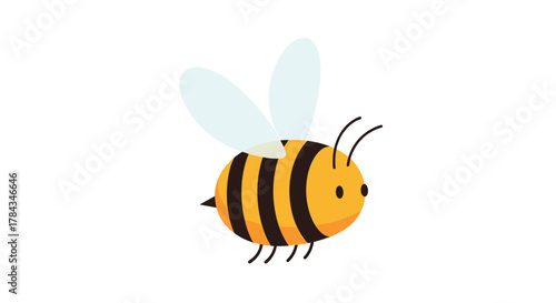 A cute cartoon bee with black and yellow stripes and transparent wings hovers gently against a clean white background, perfect for spring and nature themes.