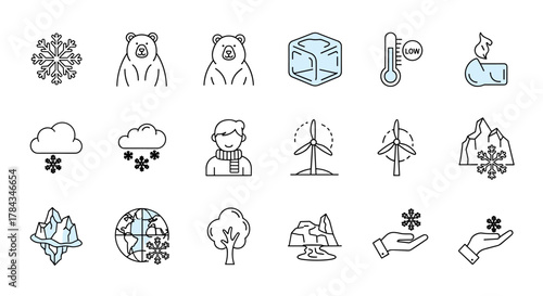 Bundle of Global Cooling Related Line Icons: A comprehensive collection of outline signs and symbols representing global cooling, winter weather, and environmental themes, perfect for graphic and web