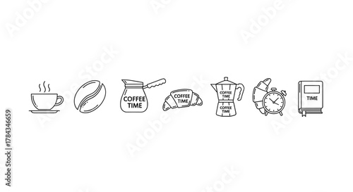 A collection of minimalistic line icons representing coffee time, including a steaming cup, coffee bean, cezve, croissant, moka pot, alarm clock with croissant, and a book, perfect for web, graphic