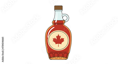 A cartoon illustration of a classic glass bottle of amber maple syrup with a red maple leaf label, symbolizing Canadian breakfast and natural sweetness.