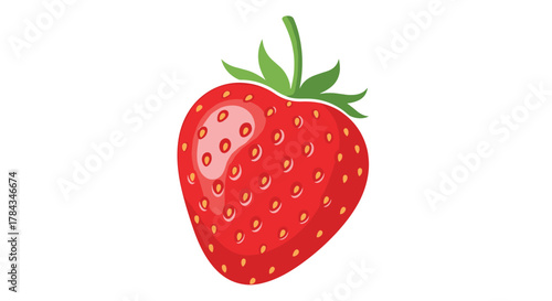 A vibrant red strawberry with green leaves and a stem is depicted in a clean, appealing graphic style on a white background.