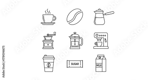 Collection of isolated line art icons representing various coffee-related items, including a steaming cup, coffee bean, cezve, grinder, French press, espresso machine, takeaway cup, sugar packet, and
