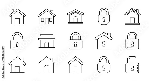 Set of modern outline style icons representing houses and locks, perfect for design elements in apps, social networks, and cards. This ordered vector cartoon illustration collection features a clean