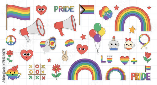 Fun and expressive set of LGBTQ+ Pride-themed cartoon stickers, including rainbows, flags, and supportive messages for digital designs.