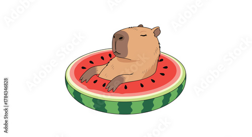 An adorable capybara, with eyes closed in contentment, is seen floating peacefully inside a refreshing watermelon slice pool tube.