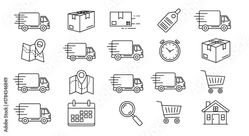 Collection of delivery and logistics icons, including trucks, boxes, maps, calendars, shopping carts, and magnifying glasses, presented in a clean, modern outline style for graphic and web design