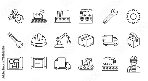Collection of outline symbols representing factory and manufacturing processes, including gears, conveyor belts, factories with smoke, wrenches, hard hats, robotic arms, boxes, delivery trucks