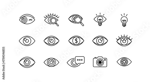 A collection of eye-themed line icons, featuring various styles of eyes, a magnifying glass, a lightbulb, a dollar sign, a camera, and a speech bubble, perfect for graphic design, web development