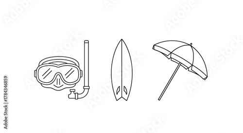 Set of thin line icons representing beach and water activities, including a diving mask with snorkel, a surfboard, and a beach umbrella, perfect for graphic and web design, apps, adverts, and various
