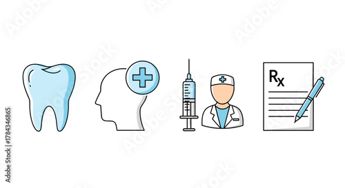 Collection of simple, flat design medical icons including a tooth, a silhouette of a head with a plus sign, a syringe, a doctor, and a prescription with a pen, perfect for healthcare-related banners