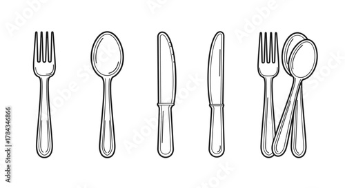 A clean and simple vector illustration featuring a collection of cutlery icons, including forks, spoons, and knives, presented in a thin, editable stroke style, perfect for web design, book