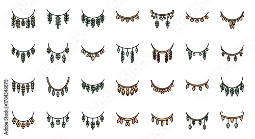 Collection of 28 thin line vector cartoon garlands and decorative elements with a boho and natural theme, featuring leaves, beads, and floral shapes in earthy tones, perfect for web, books, cards