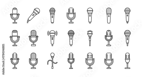Modern outline style microphone icons for design, cards, apps, and social networks. This ordered set of vector cartoon illustrations features a variety of microphone designs on a clean white