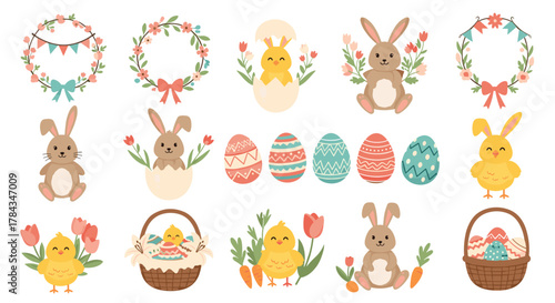 Sweet Easter illustration set featuring cute bunnies, cheerful chicks, colorful decorated eggs, floral wreaths, and baskets for spring designs.
