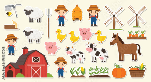 A delightful collection of cartoon farm elements including animals, farmers, barn, tools, and various crops presented in a playful sticker style.