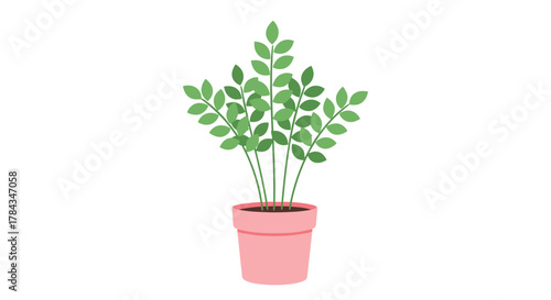 A vibrant green leafy houseplant in a pink ceramic pot, depicted as a cheerful and simple illustration against a clean white background.