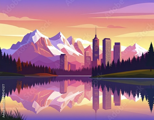 Fototapeta Naklejka Na Ścianę i Meble -  Stunning abstract illustration of a city skyline with mountains reflecting in the lake