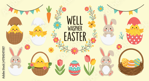 Festive Easter collection with cute cartoon bunnies, chicks in eggs, colorful flowers, decorated eggs, and a Well Waspher Easter greeting.