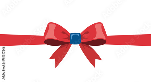 A bright red ribbon bow with a blue knot sits centered on a white background, perfect for gifts, celebrations, and festive designs.