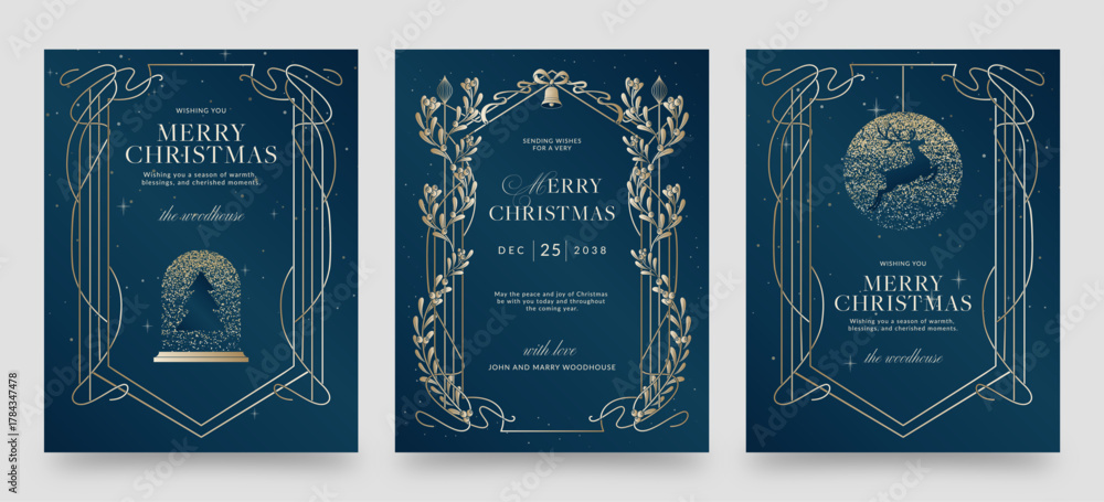 Fototapeta premium Christmas Flyer, Invite & Poster Template in Blue & Gold Luxury, Elegant & Classic Festive Theme with Vintage Christmas Border Frame and Merry Christmas Text