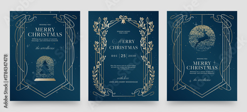 Christmas Flyer, Invite & Poster Template in Blue & Gold Luxury, Elegant & Classic Festive Theme with Vintage Christmas Border Frame and Merry Christmas Text
