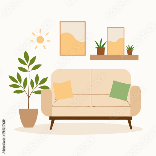 Living room with beige sofa plants and sunlight  modern interior design vector on white background.