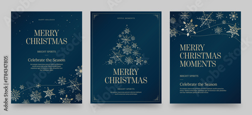 Christmas Poster Flier Flyer Template for Invites & Greetings Cards with Snowflakes & Tree in Luxury Blue & Gold