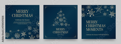 Christmas Social Media Post, Square Flier Template for Invitation, Flyer & Greetings Card Layouts with Snowflakes & Tree in Luxury Blue & Gold