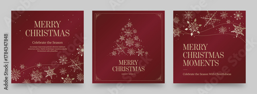 Christmas Social Media Post, Square Flier Template for Invitation, Flyer & Greetings Card Layouts with Snowflakes & Tree in Luxury Red & Gold
