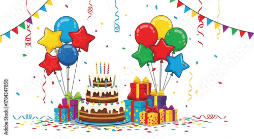 Colorful birthday party scene with cake gifts and balloons for celebration fun