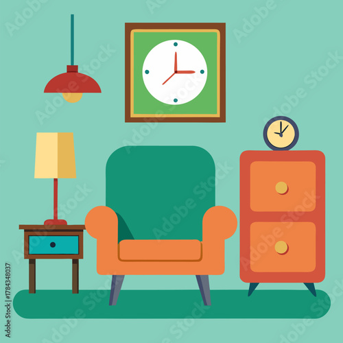 Vintage interior of living room with couch armchair clock  vector on sky blue background.