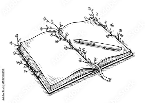 Hand-Drawn Open Book with Pen and Vines in Ink Sketch Style. Vector Illustration for Mindful Creativity.
