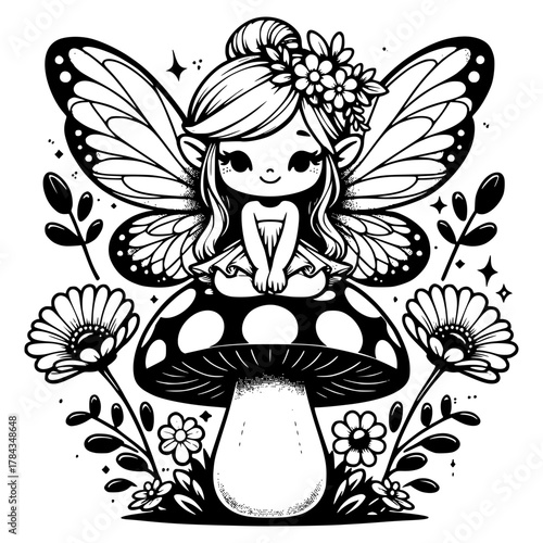 Cute feery sitting on a mushroom vector image