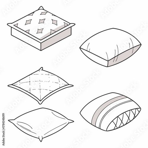 Five isometric vector icons of pillows and cushions