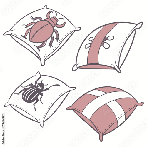 Four cartoon pillows with insect illustrations cushion