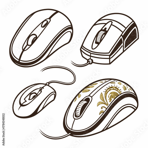 Four computer mice vector illustrations with decorative elements