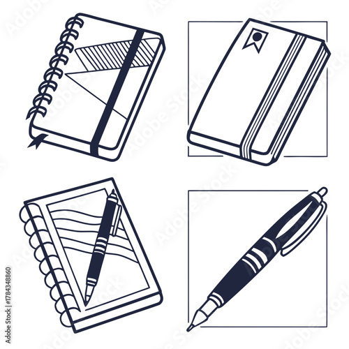 Four dark blue notebook and pen icons on white writing