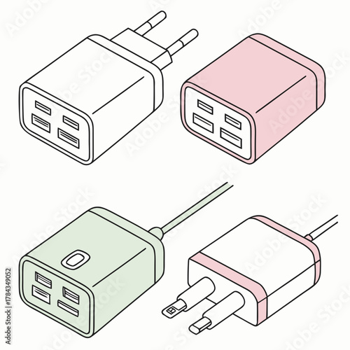 Four isometric phone charger icons with U S B ports