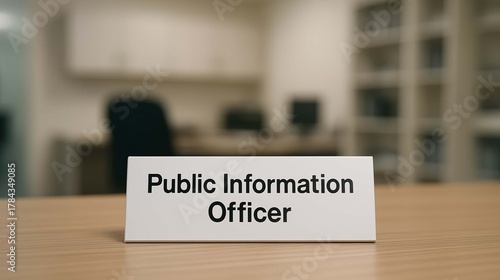Public Information Officer desk nameplate in modern office workspace for communications management position government media relations and organizational spokesperson role