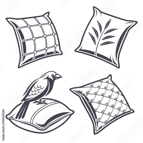 Four vector pillows with bird and floral patterns cushion