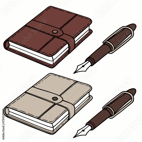 Two leather bound notebooks and fountain pens diary