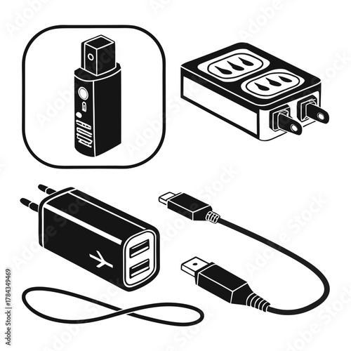 Black silhouette icons of phone chargers and cables