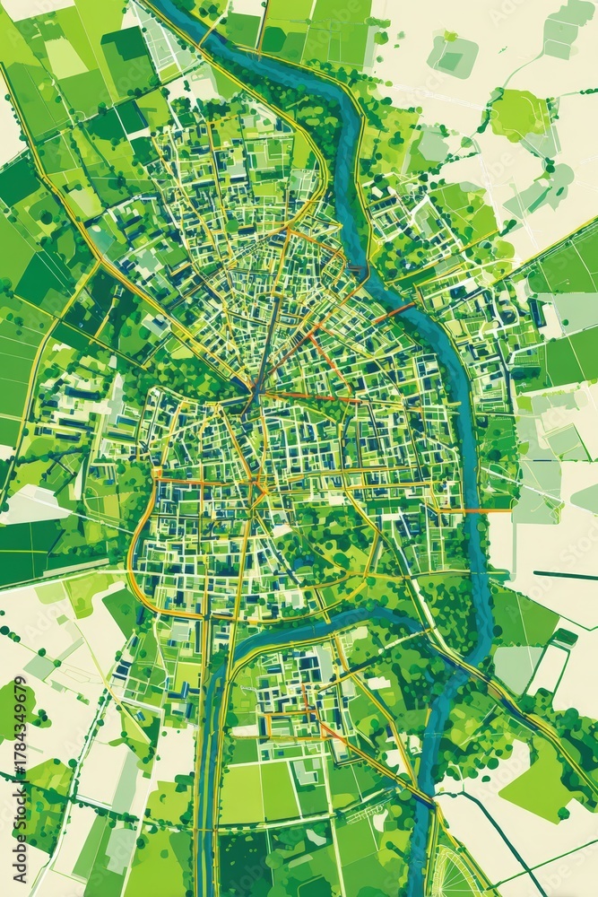 Fototapeta premium Flat Vector City Map with Green Zones and Eco-Friendly Routes