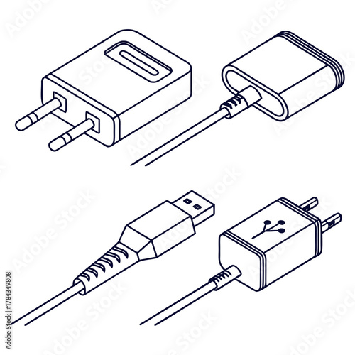 Four isometric line art phone chargers and cables power adapter