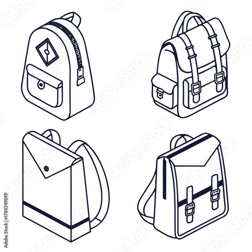 Four isometric outline school bag icons backpack satchel