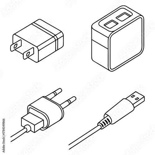 Four isometric phone charger icons line art adapter