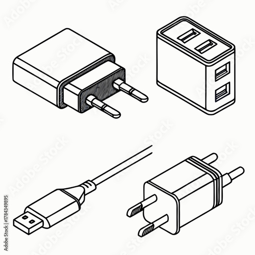 Four isometric phone charger vector icons power adapter 2