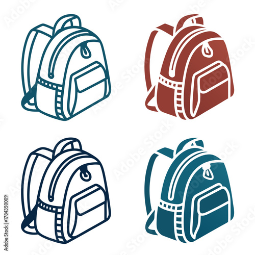Four school bag icons in different colors backpack